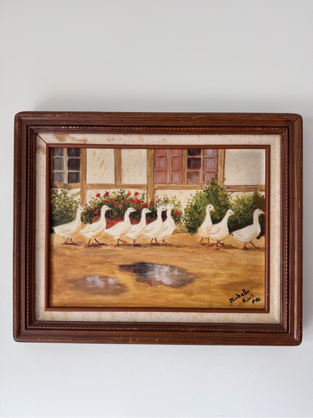 Vintage 1986 Original Oil Painting Geese Ducks Folk Art Framed Cottagecore